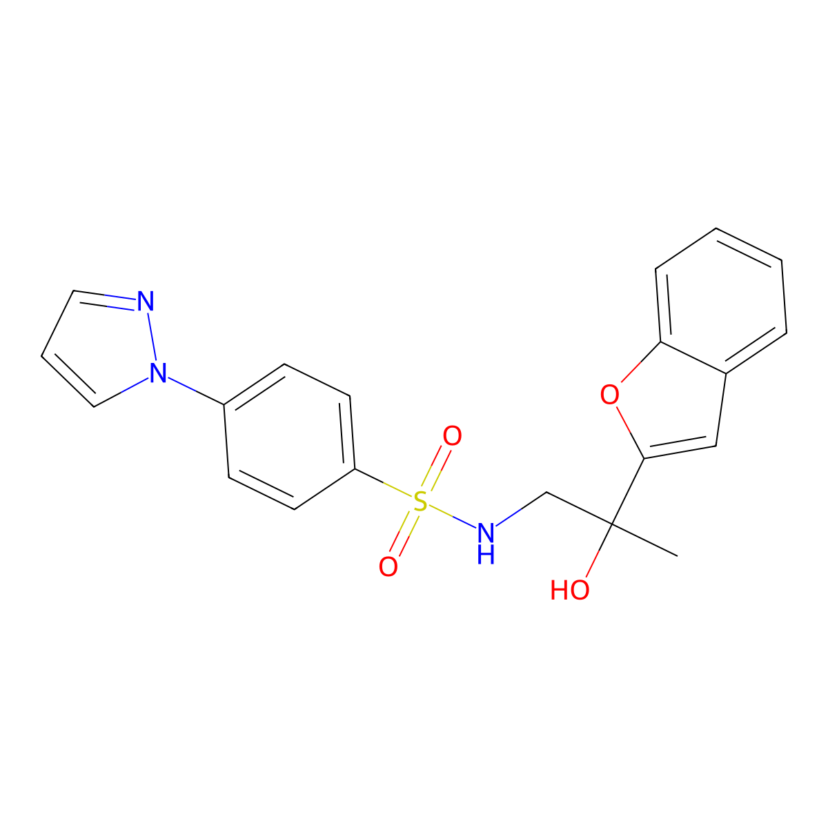 N-(2-(benzofuran-2-yl)-2-hydroxypropyl)-4-(1H-pyrazol-1-yl)benzenesulfonamide molecular structure, CAS 2034601-42-6