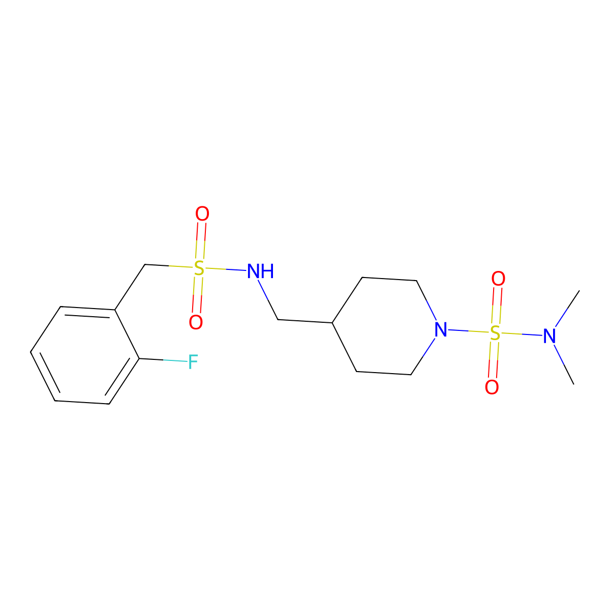 4-{[(2-fluorophenyl)methanesulfonamido]methyl}-N,N-dimethylpiperidine-1-sulfonamide molecular structure, CAS 2034601-46-0