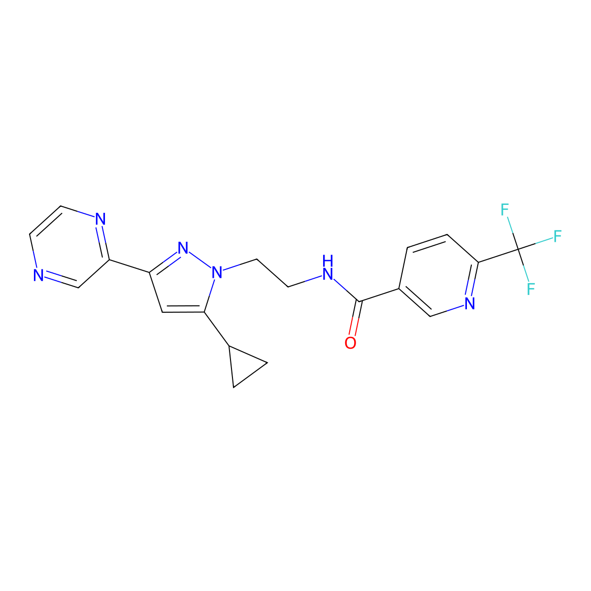 N-(2-(5-cyclopropyl-3-(pyrazin-2-yl)-1H-pyrazol-1-yl)ethyl)-6-(trifluoromethyl)nicotinamide molecular structure, CAS 2034601-48-2