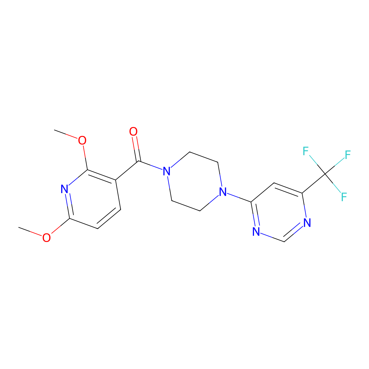 (2,6-Dimethoxypyridin-3-yl)(4-(6-(trifluoromethyl)pyrimidin-4-yl)piperazin-1-yl)methanone molecular structure, CAS 2034601-62-0