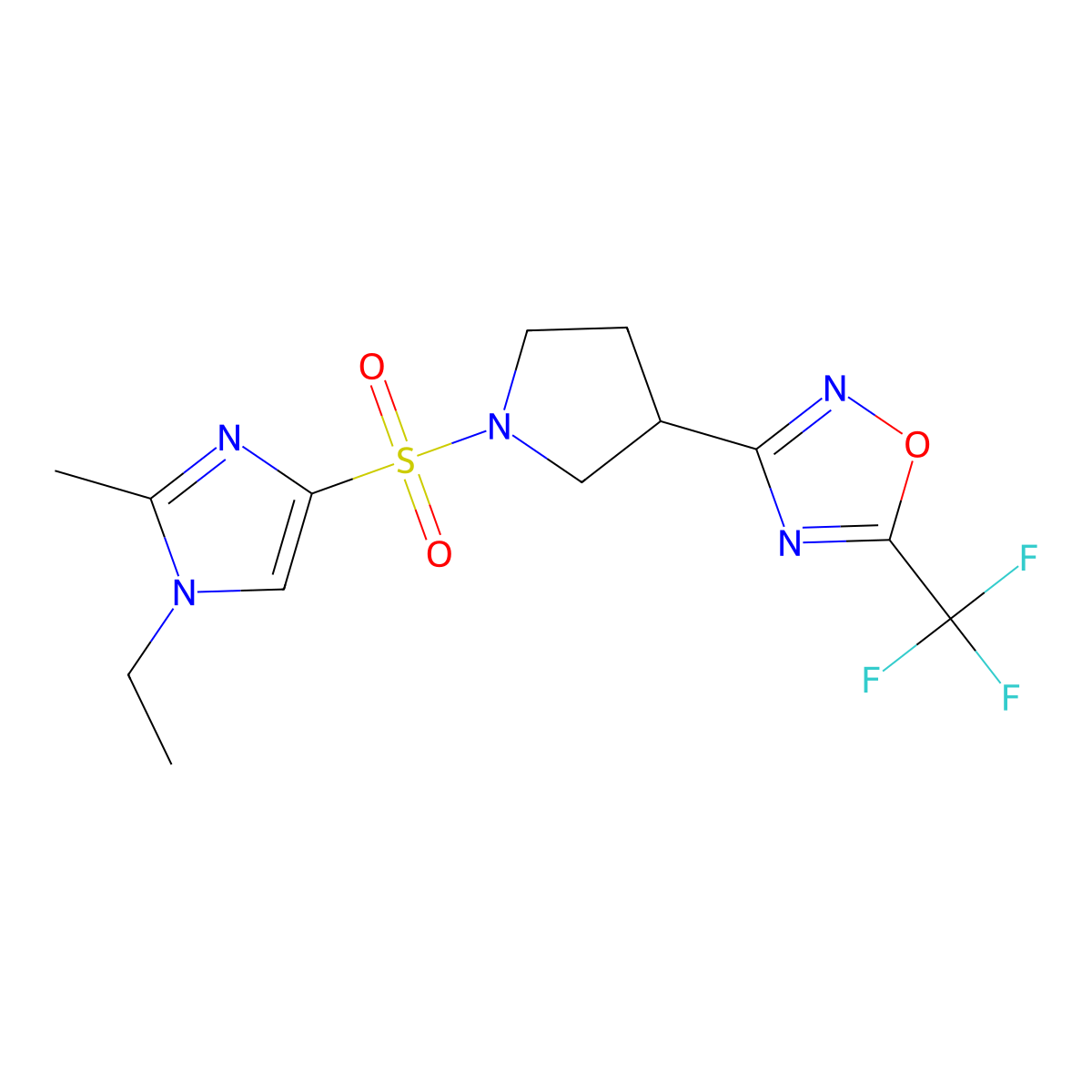 3-{1-[(1-ethyl-2-methyl-1H-imidazol-4-yl)sulfonyl]pyrrolidin-3-yl}-5-(trifluoromethyl)-1,2,4-oxadiazole molecular structure, CAS 2034601-69-7