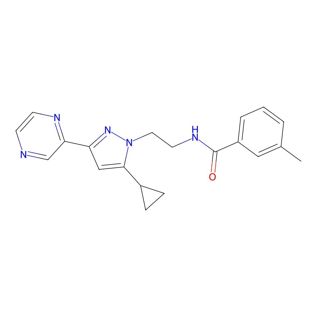N-{2-[5-cyclopropyl-3-(pyrazin-2-yl)-1H-pyrazol-1-yl]ethyl}-3-methylbenzamide molecular structure, CAS 2034601-70-0
