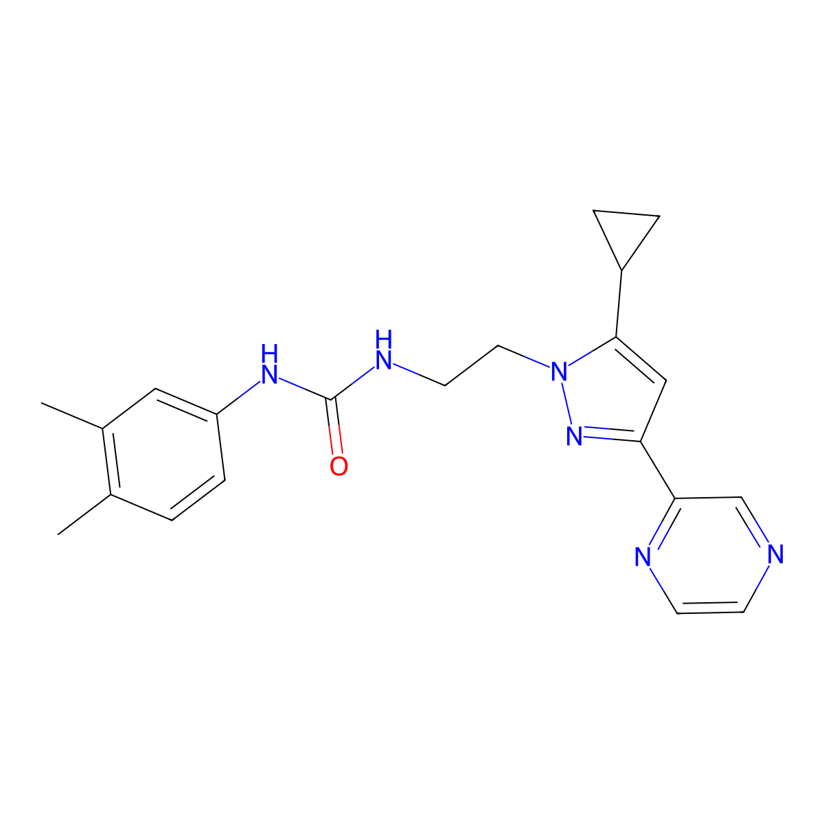 1-(2-(5-cyclopropyl-3-(pyrazin-2-yl)-1H-pyrazol-1-yl)ethyl)-3-(3,4-dimethylphenyl)urea molecular structure, CAS 2034601-76-6