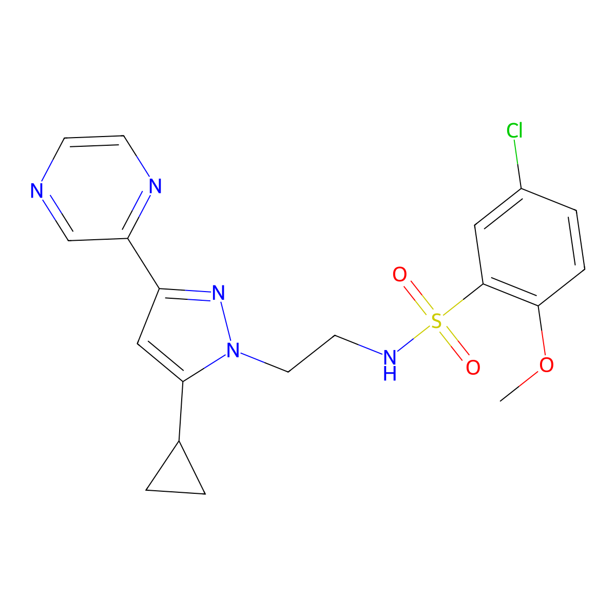 5-chloro-N-(2-(5-cyclopropyl-3-(pyrazin-2-yl)-1H-pyrazol-1-yl)ethyl)-2-methoxybenzenesulfonamide molecular structure, CAS 2034602-12-3