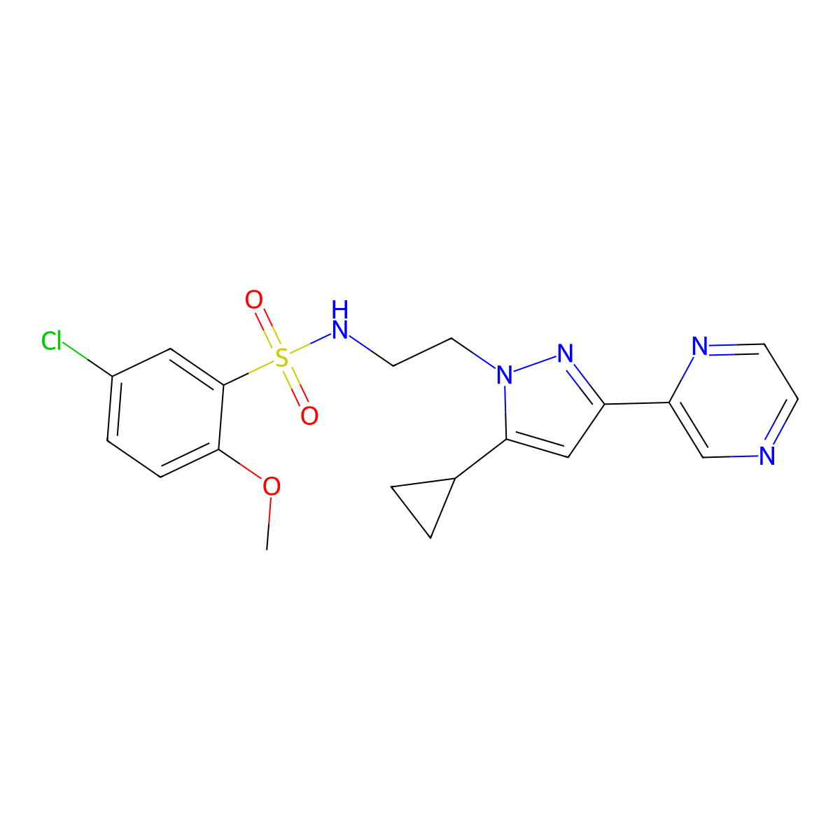 5-chloro-N-(2-(5-cyclopropyl-3-(pyrazin-2-yl)-1H-pyrazol-1-yl)ethyl)-2-methoxybenzenesulfonamide molecular structure, CAS 2034602-12-3