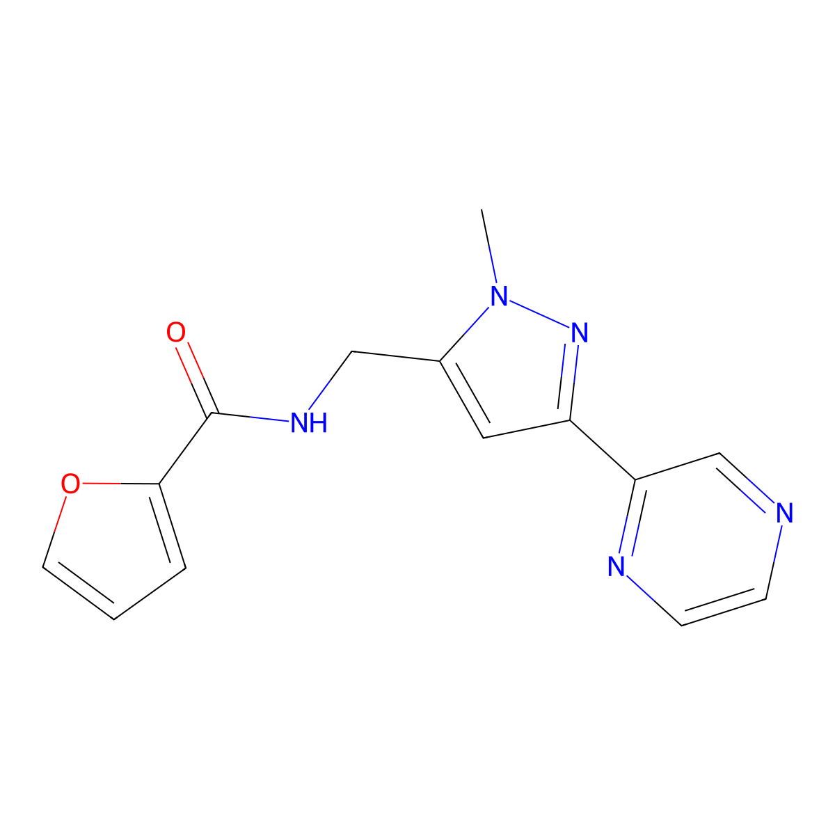 N-((1-methyl-3-(pyrazin-2-yl)-1H-pyrazol-5-yl)methyl)furan-2-carboxamide molecular structure, CAS 2034602-20-3