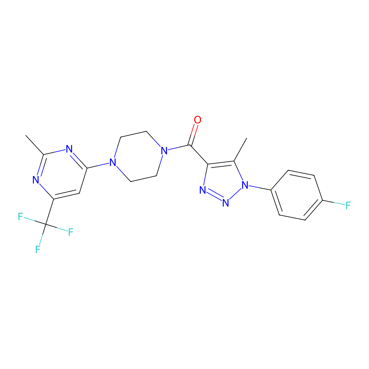 (1-(4-fluorophenyl)-5-methyl-1H-1,2,3-triazol-4-yl)(4-(2-methyl-6-(trifluoromethyl)pyrimidin-4-yl)piperazin-1-yl)methanone molecular structure, CAS 2034602-22-5