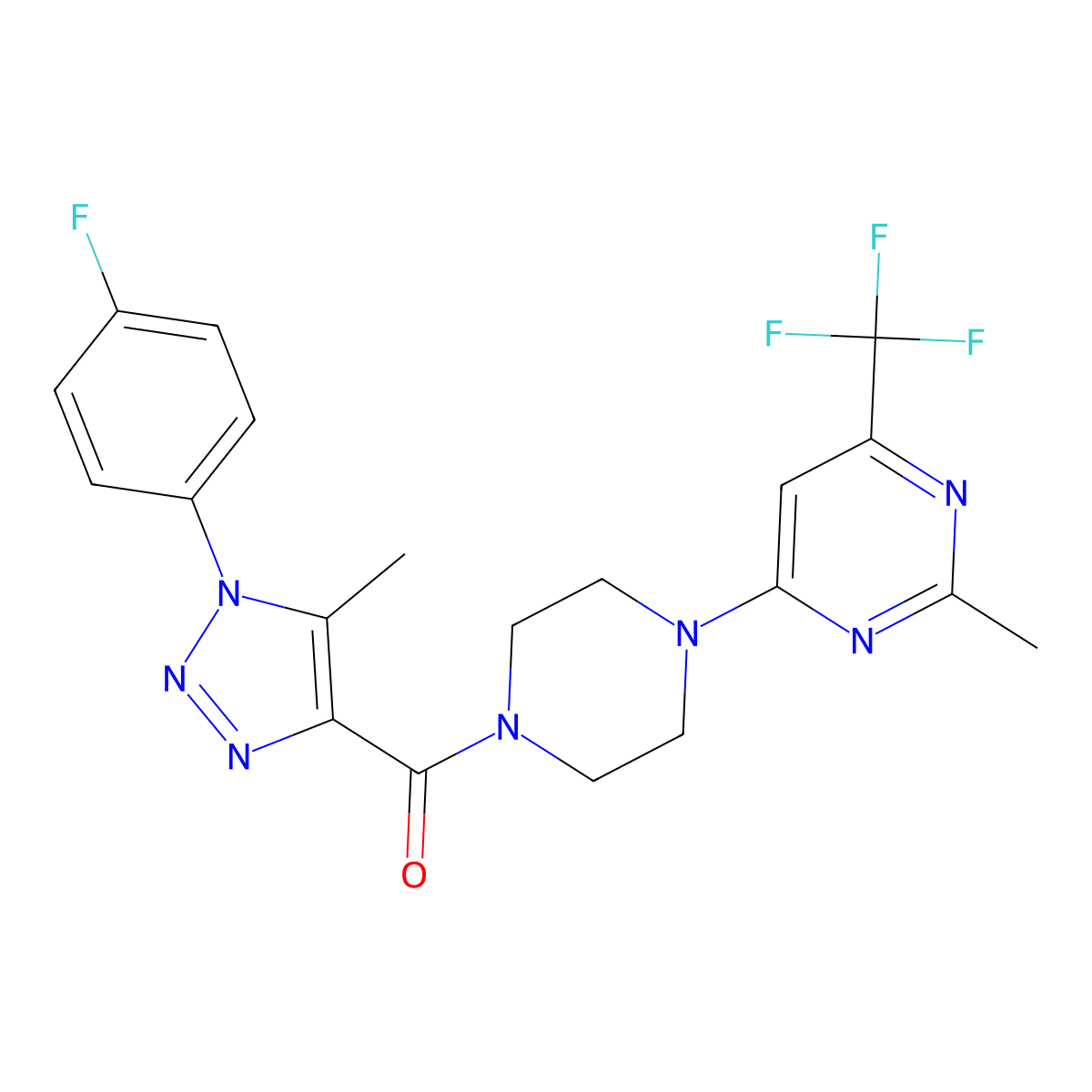 (1-(4-fluorophenyl)-5-methyl-1H-1,2,3-triazol-4-yl)(4-(2-methyl-6-(trifluoromethyl)pyrimidin-4-yl)piperazin-1-yl)methanone molecular structure, CAS 2034602-22-5