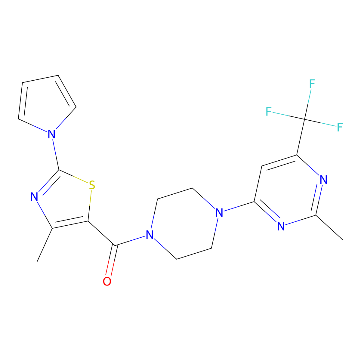 (4-methyl-2-(1H-pyrrol-1-yl)thiazol-5-yl)(4-(2-methyl-6-(trifluoromethyl)pyrimidin-4-yl)piperazin-1-yl)methanone molecular structure, CAS 2034602-30-5