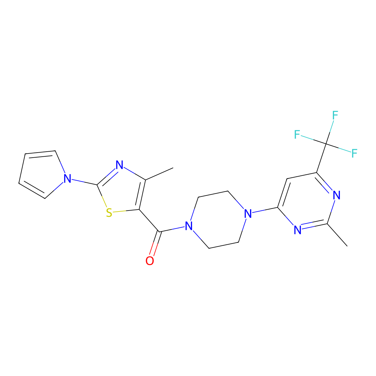 (4-methyl-2-(1H-pyrrol-1-yl)thiazol-5-yl)(4-(2-methyl-6-(trifluoromethyl)pyrimidin-4-yl)piperazin-1-yl)methanone molecular structure, CAS 2034602-30-5