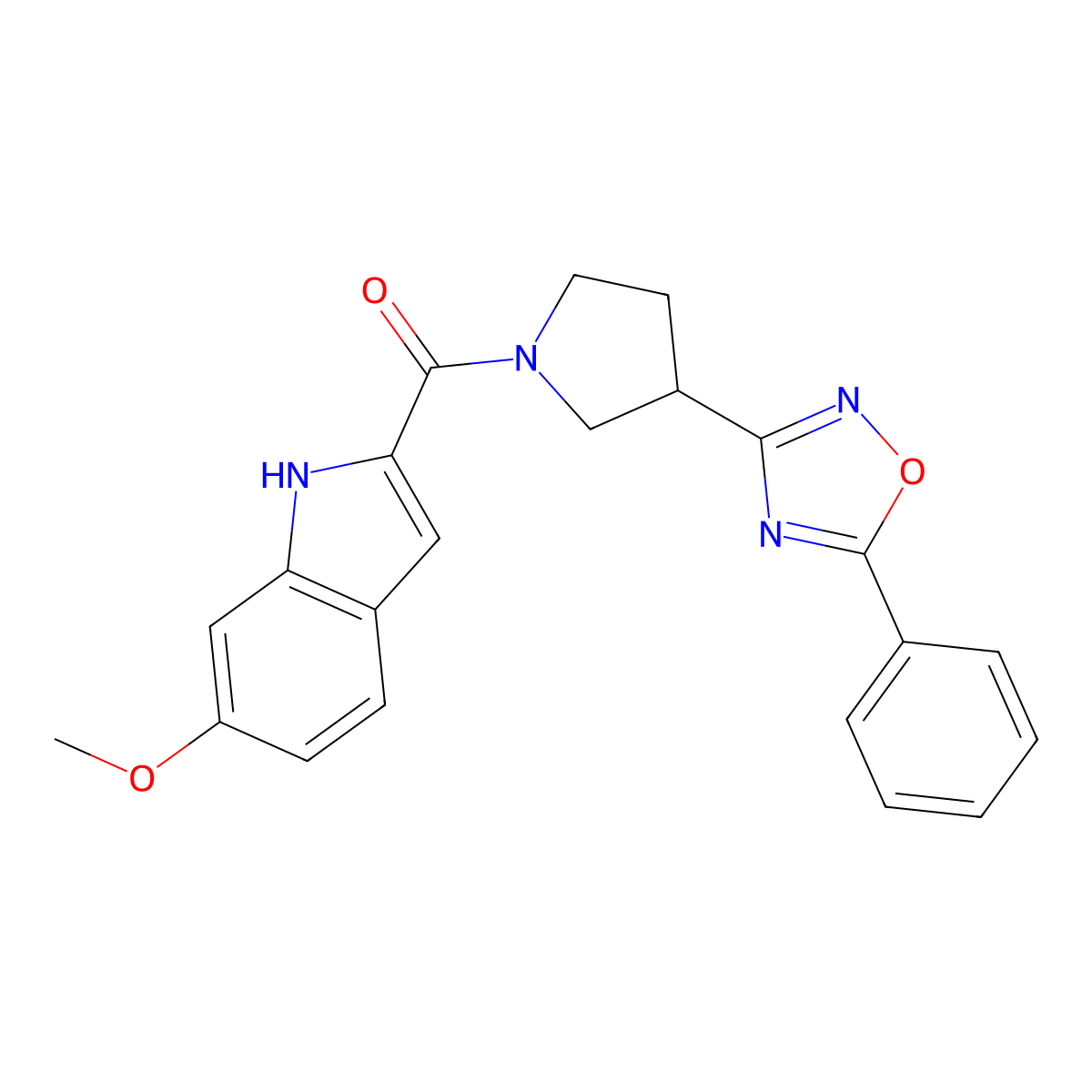 (6-methoxy-1H-indol-2-yl)(3-(5-phenyl-1,2,4-oxadiazol-3-yl)pyrrolidin-1-yl)methanone molecular structure, CAS 2034602-32-7