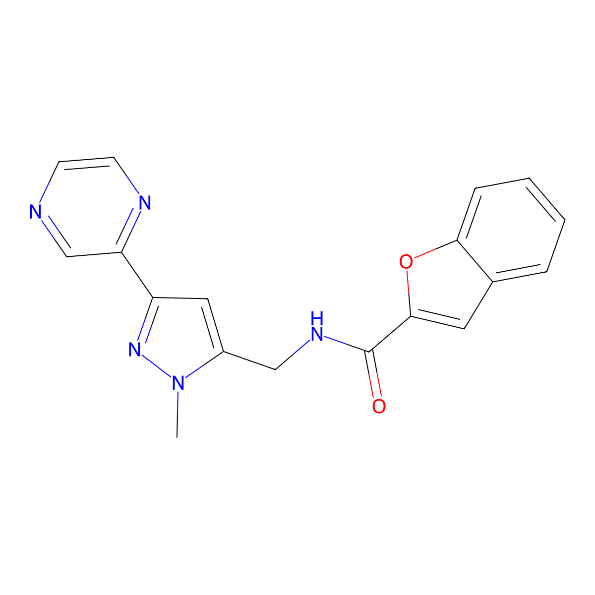 N-((1-methyl-3-(pyrazin-2-yl)-1H-pyrazol-5-yl)methyl)benzofuran-2-carboxamide molecular structure, CAS 2034602-33-8