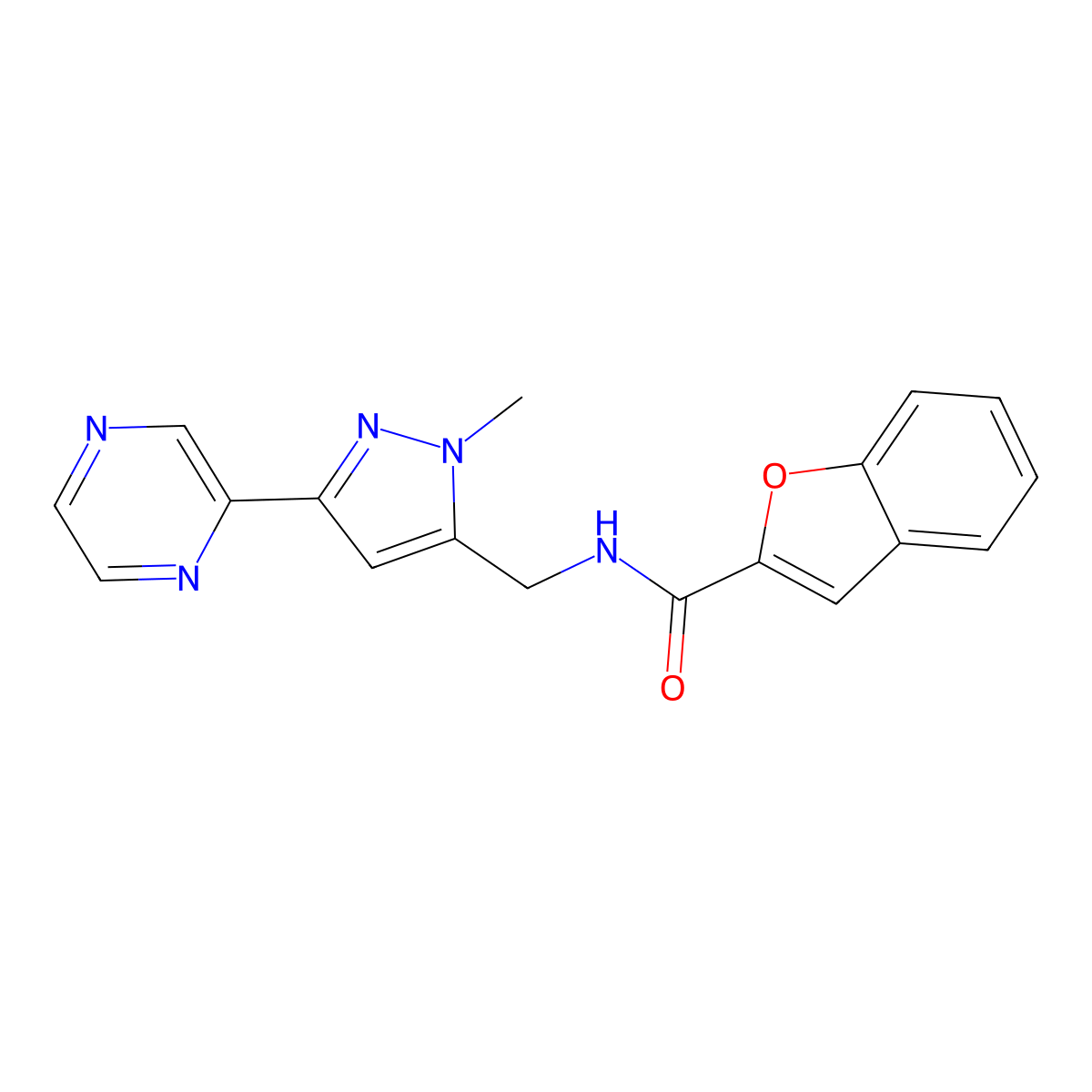 N-((1-methyl-3-(pyrazin-2-yl)-1H-pyrazol-5-yl)methyl)benzofuran-2-carboxamide molecular structure, CAS 2034602-33-8