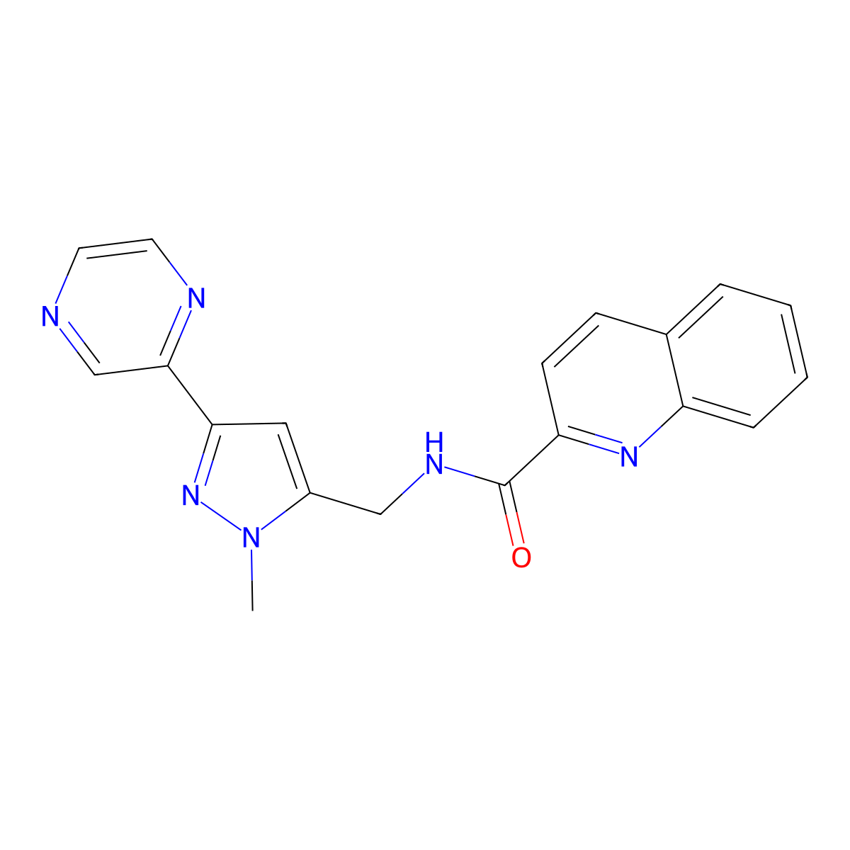 N-{[1-methyl-3-(pyrazin-2-yl)-1H-pyrazol-5-yl]methyl}quinoline-2-carboxamide molecular structure, CAS 2034602-50-9