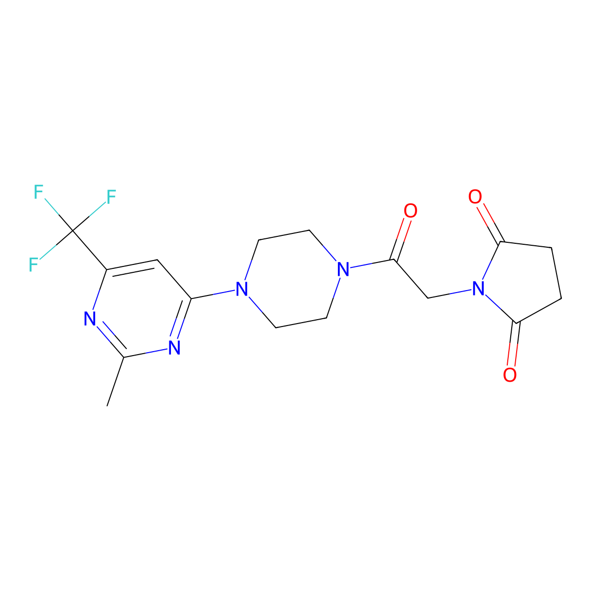 1-(2-{4-[2-Methyl-6-(trifluoromethyl)pyrimidin-4-yl]piperazin-1-yl}-2-oxoethyl)pyrrolidine-2,5-dione molecular structure, CAS 2034602-58-7