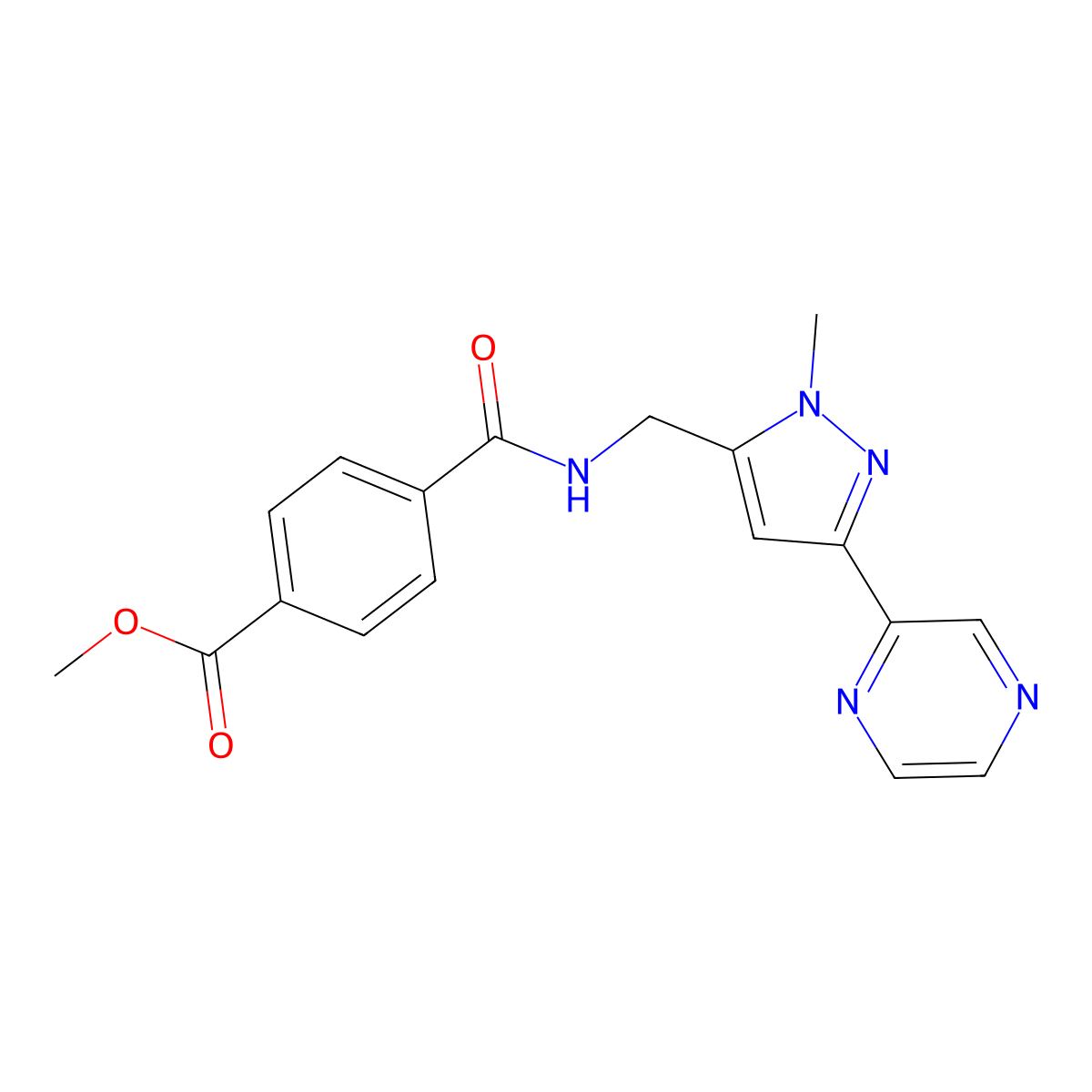 methyl 4-({[1-methyl-3-(pyrazin-2-yl)-1H-pyrazol-5-yl]methyl}carbamoyl)benzoate molecular structure, CAS 2034602-59-8