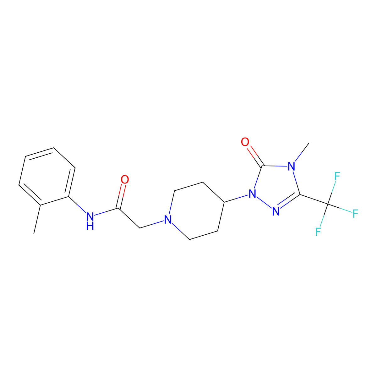 2-(4-(4-methyl-5-oxo-3-(trifluoromethyl)-4,5-dihydro-1H-1,2,4-triazol-1-yl)piperidin-1-yl)-N-(o-tolyl)acetamide molecular structure, CAS 2034602-68-9