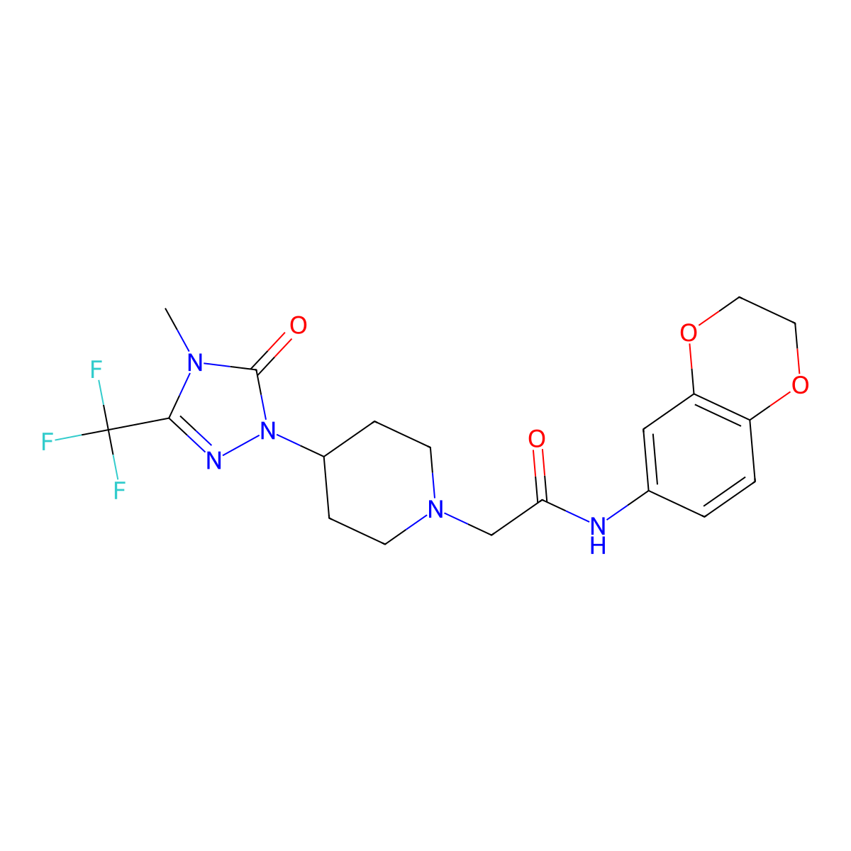 N-(2,3-dihydrobenzo[b][1,4]dioxin-6-yl)-2-(4-(4-methyl-5-oxo-3-(trifluoromethyl)-4,5-dihydro-1H-1,2,4-triazol-1-yl)piperidin-1-yl)acetamide molecular structure, CAS 2034602-76-9