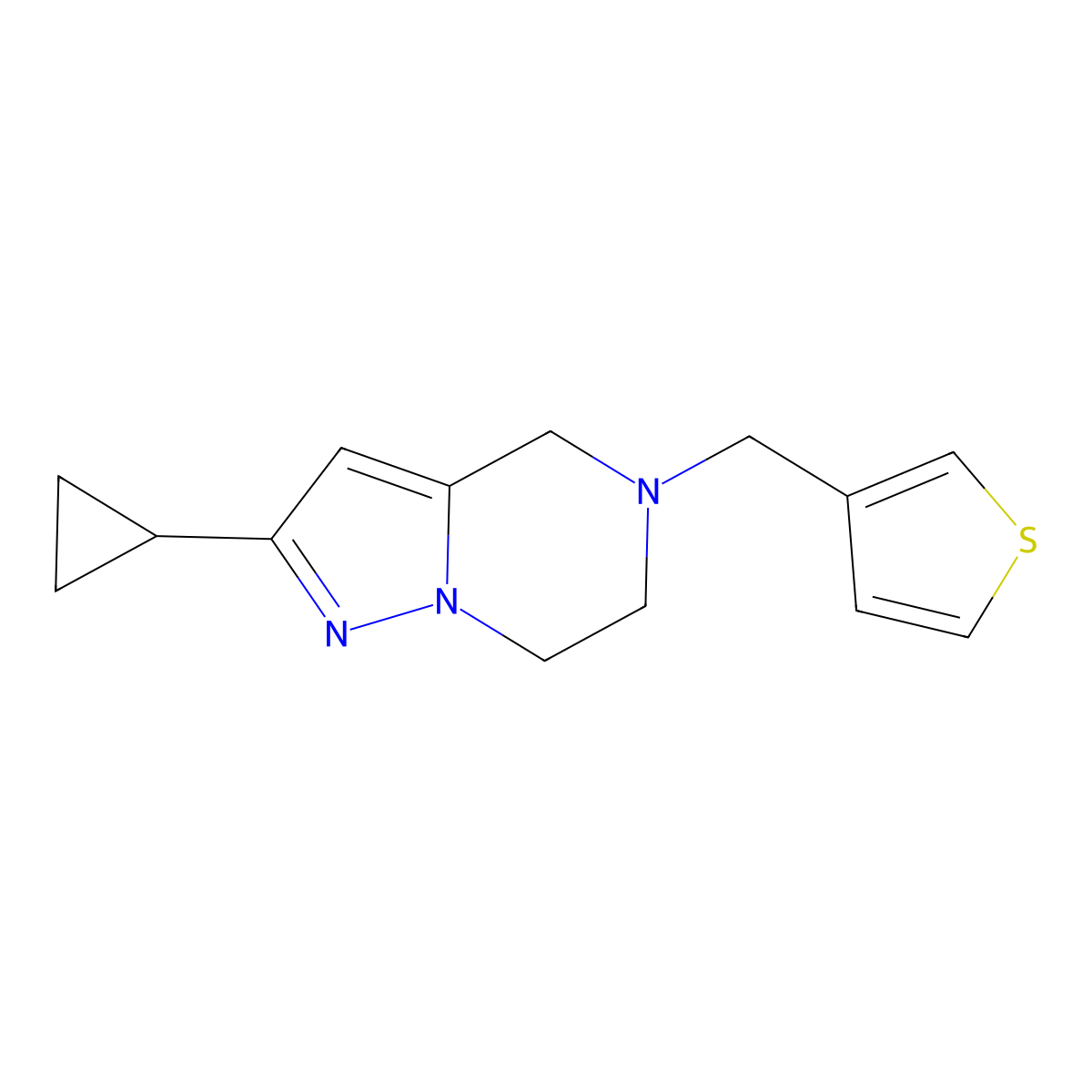 2-Cyclopropyl-5-(thiophen-3-ylmethyl)-4,5,6,7-tetrahydropyrazolo[1,5-a]pyrazine molecular structure, CAS 2034602-77-0