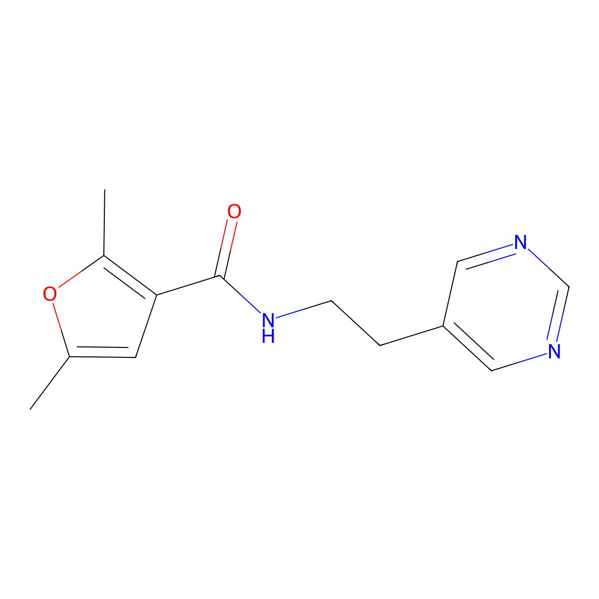 2,5-dimethyl-N-(2-(pyrimidin-5-yl)ethyl)furan-3-carboxamide molecular structure, CAS 2034602-78-1