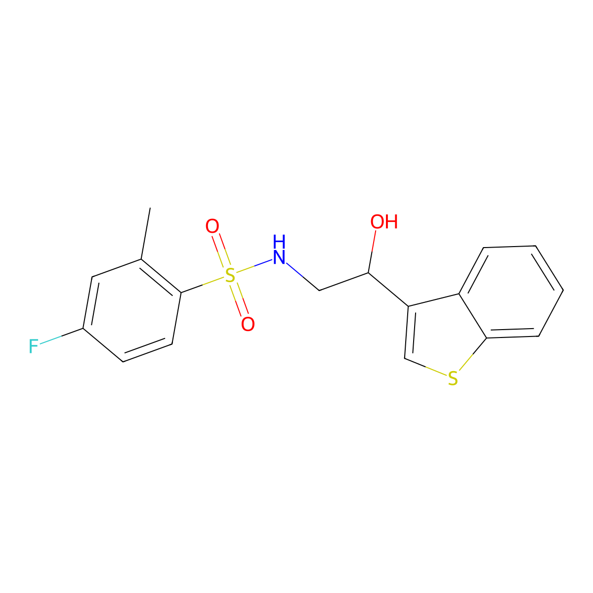 N-(2-(benzo[b]thiophen-3-yl)-2-hydroxyethyl)-4-fluoro-2-methylbenzenesulfonamide molecular structure, CAS 2034602-80-5