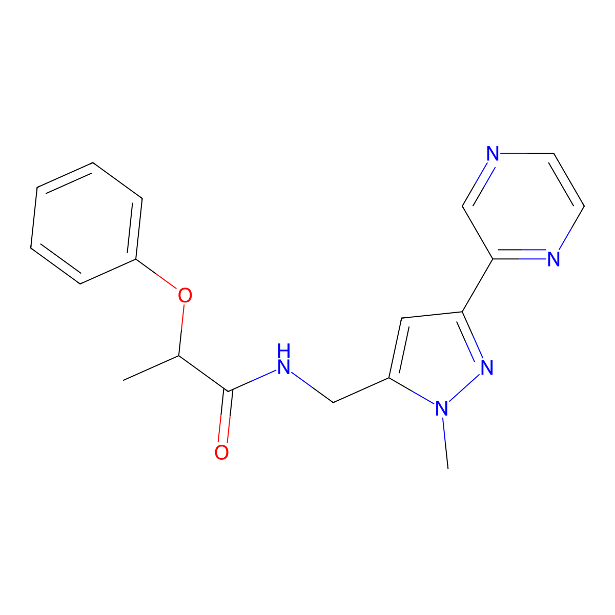 N-{[1-methyl-3-(pyrazin-2-yl)-1H-pyrazol-5-yl]methyl}-2-phenoxypropanamide molecular structure, CAS 2034602-82-7