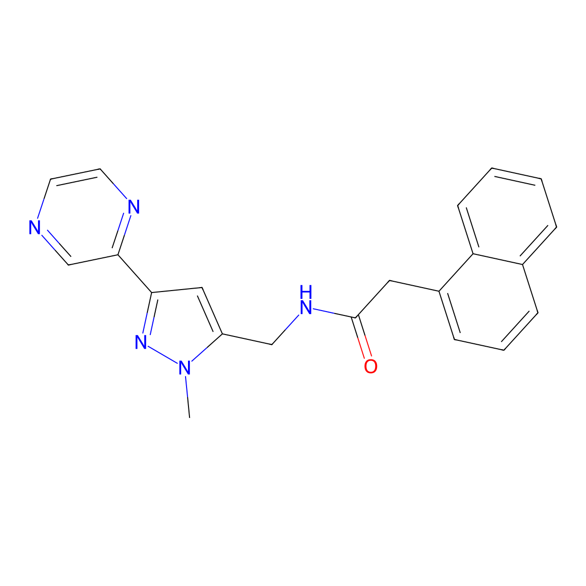 N-((1-methyl-3-(pyrazin-2-yl)-1H-pyrazol-5-yl)methyl)-2-(naphthalen-1-yl)acetamide molecular structure, CAS 2034602-85-0