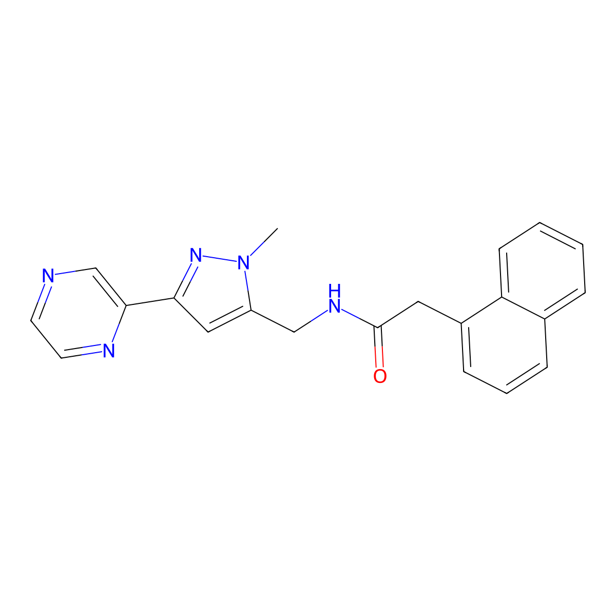 N-((1-methyl-3-(pyrazin-2-yl)-1H-pyrazol-5-yl)methyl)-2-(naphthalen-1-yl)acetamide molecular structure, CAS 2034602-85-0