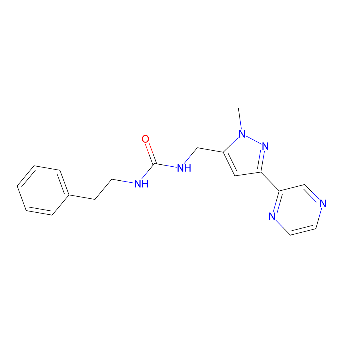 1-((1-methyl-3-(pyrazin-2-yl)-1H-pyrazol-5-yl)methyl)-3-phenethylurea molecular structure, CAS 2034602-93-0