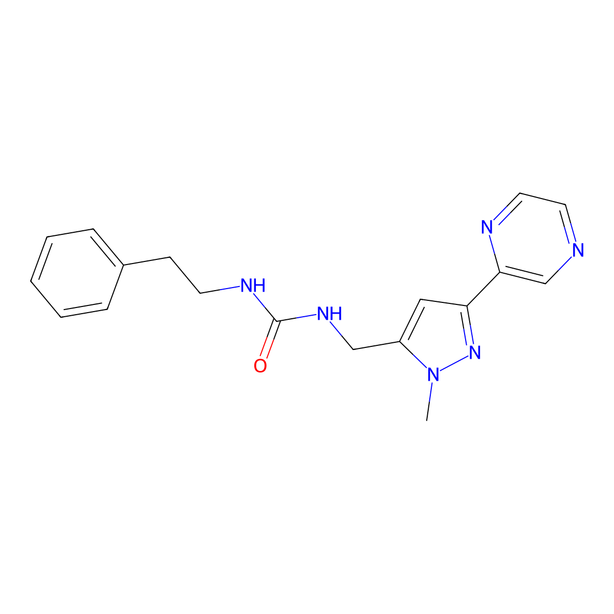 1-((1-methyl-3-(pyrazin-2-yl)-1H-pyrazol-5-yl)methyl)-3-phenethylurea molecular structure, CAS 2034602-93-0