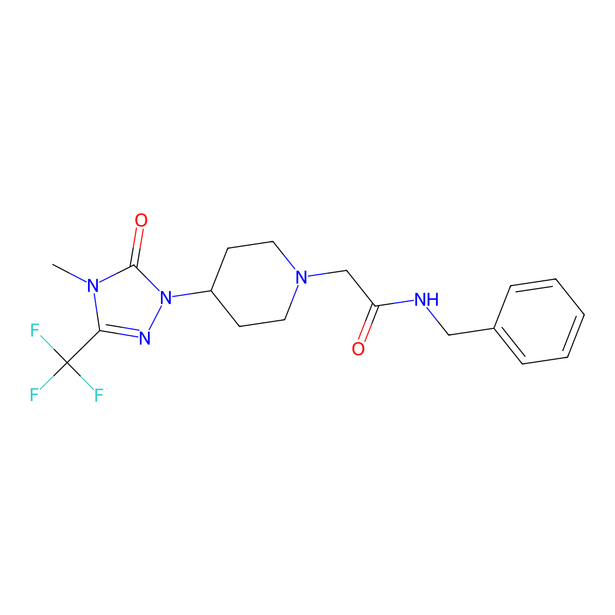 N-benzyl-2-(4-(4-methyl-5-oxo-3-(trifluoromethyl)-4,5-dihydro-1H-1,2,4-triazol-1-yl)piperidin-1-yl)acetamide molecular structure, CAS 2034602-94-1