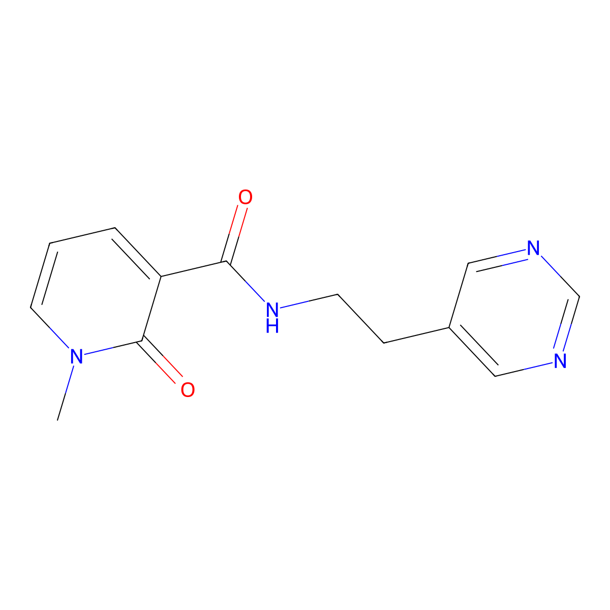 1-methyl-2-oxo-N-(2-(pyrimidin-5-yl)ethyl)-1,2-dihydropyridine-3-carboxamide molecular structure, CAS 2034602-98-5
