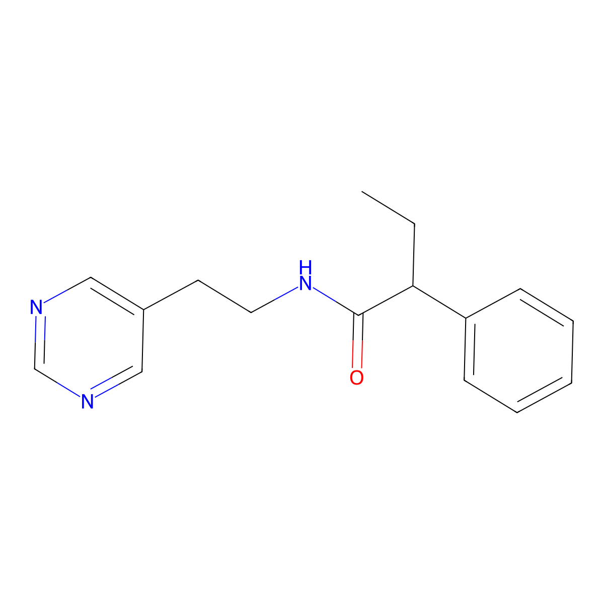 2-phenyl-N-(2-(pyrimidin-5-yl)ethyl)butanamide molecular structure, CAS 2034603-04-6