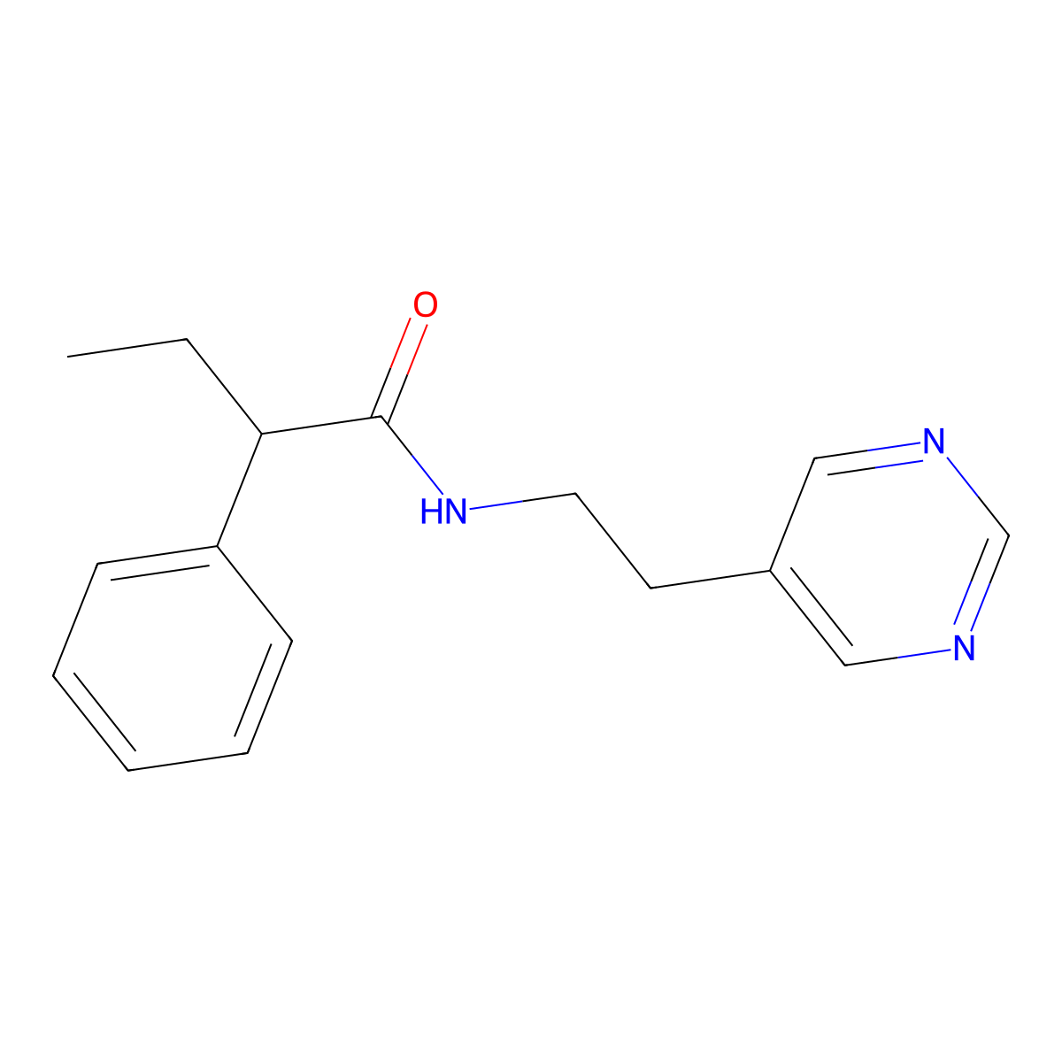 2-phenyl-N-(2-(pyrimidin-5-yl)ethyl)butanamide molecular structure, CAS 2034603-04-6