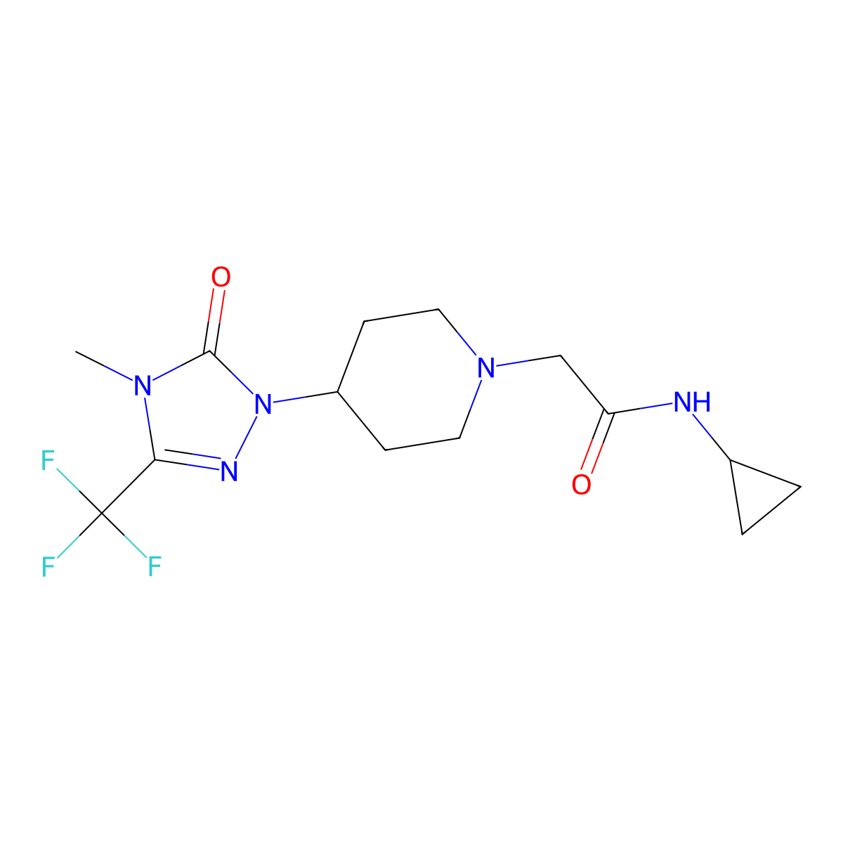 N-cyclopropyl-2-(4-(4-methyl-5-oxo-3-(trifluoromethyl)-4,5-dihydro-1H-1,2,4-triazol-1-yl)piperidin-1-yl)acetamide molecular structure, CAS 2034603-05-7