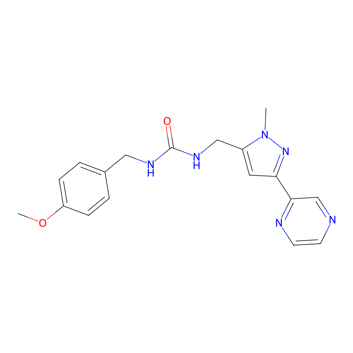 1-(4-methoxybenzyl)-3-((1-methyl-3-(pyrazin-2-yl)-1H-pyrazol-5-yl)methyl)urea molecular structure, CAS 2034603-06-8