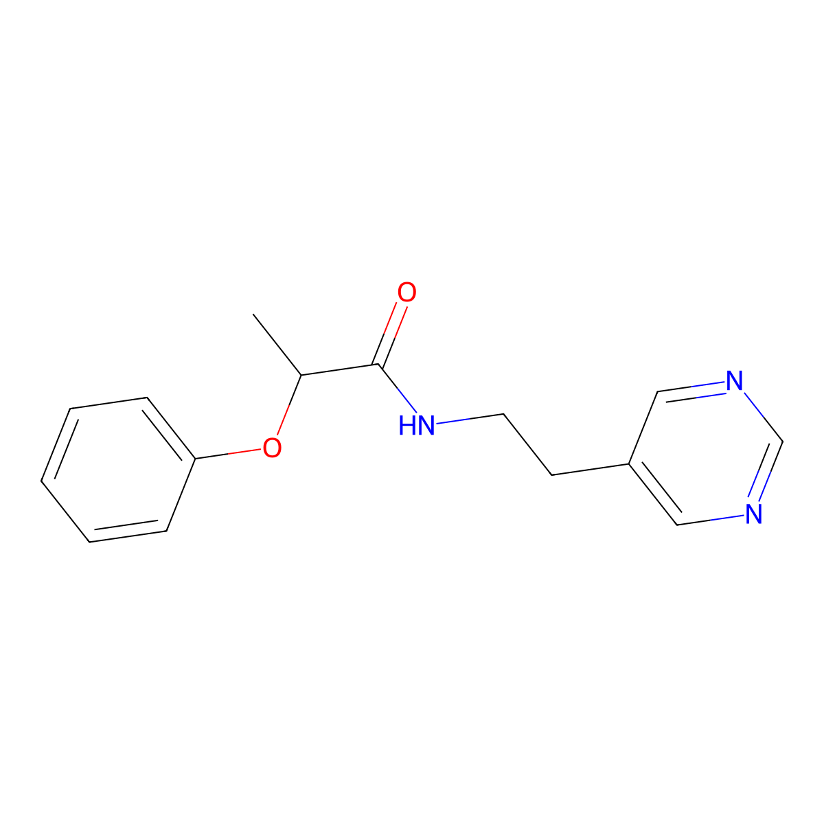 2-phenoxy-N-(2-(pyrimidin-5-yl)ethyl)propanamide molecular structure, CAS 2034603-11-5
