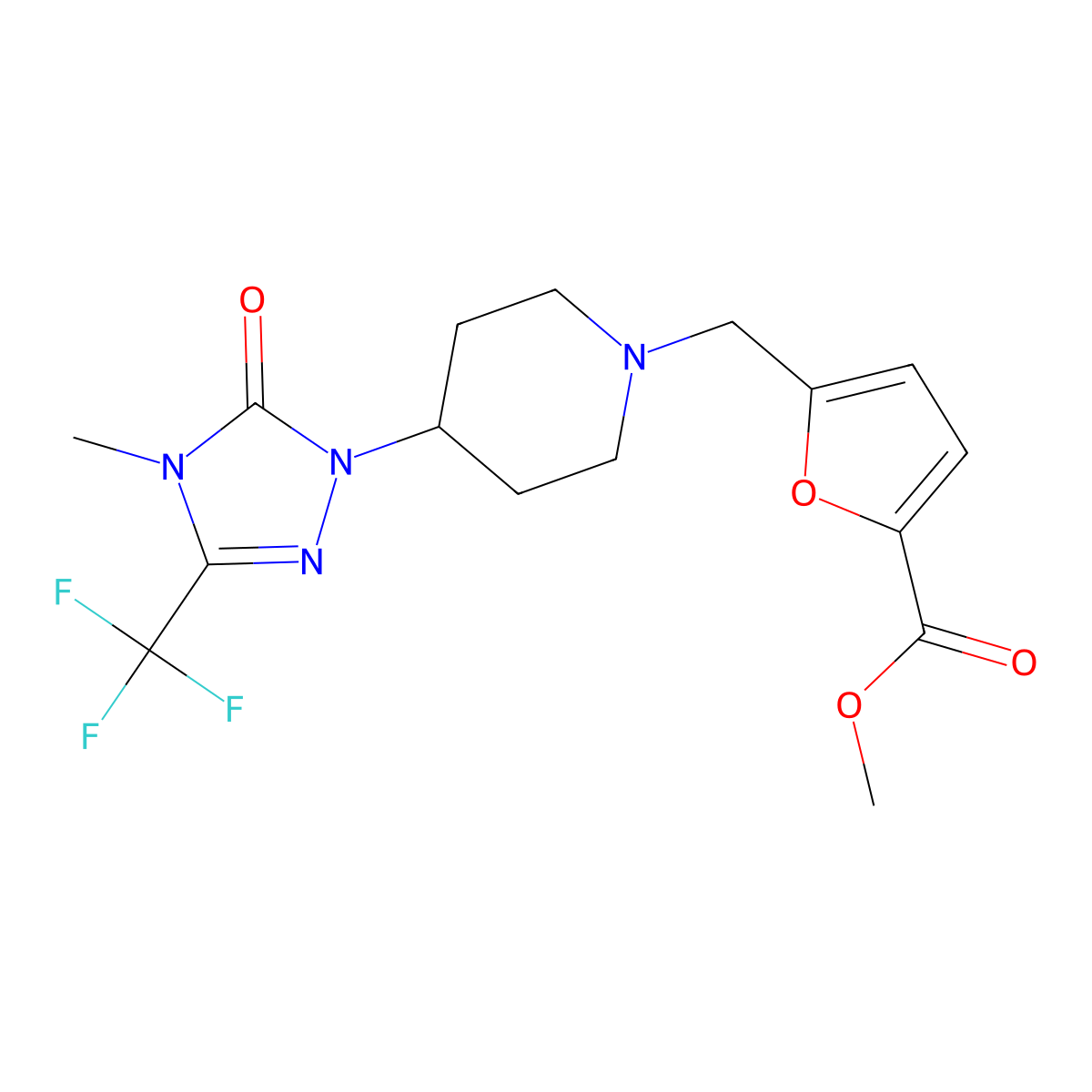 methyl 5-({4-[4-methyl-5-oxo-3-(trifluoromethyl)-4,5-dihydro-1H-1,2,4-triazol-1-yl]piperidin-1-yl}methyl)furan-2-carboxylate molecular structure, CAS 2034603-12-6