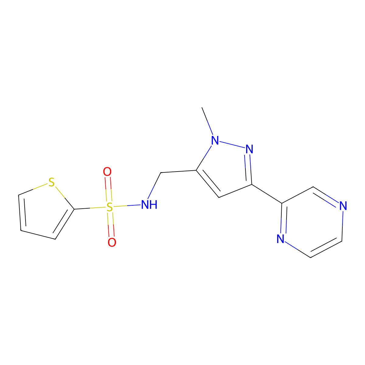 N-((1-methyl-3-(pyrazin-2-yl)-1H-pyrazol-5-yl)methyl)thiophene-2-sulfonamide molecular structure, CAS 2034603-13-7