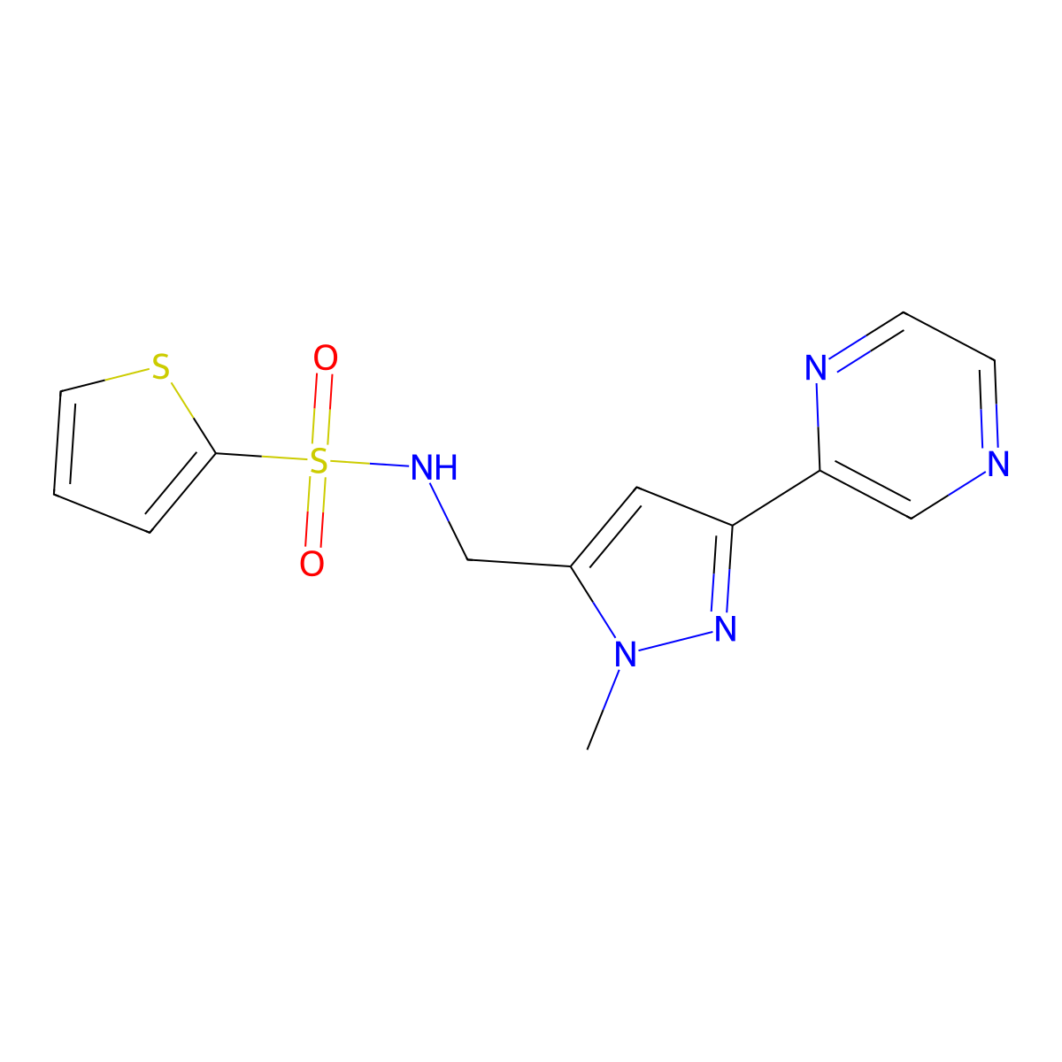 N-((1-methyl-3-(pyrazin-2-yl)-1H-pyrazol-5-yl)methyl)thiophene-2-sulfonamide molecular structure, CAS 2034603-13-7