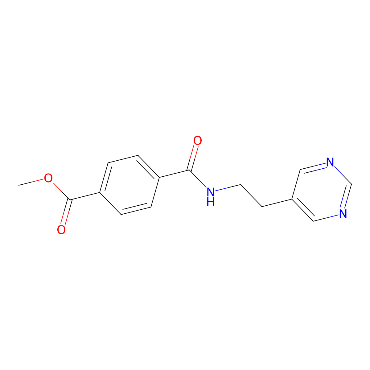 Methyl 4-((2-(pyrimidin-5-yl)ethyl)carbamoyl)benzoate molecular structure, CAS 2034603-28-4