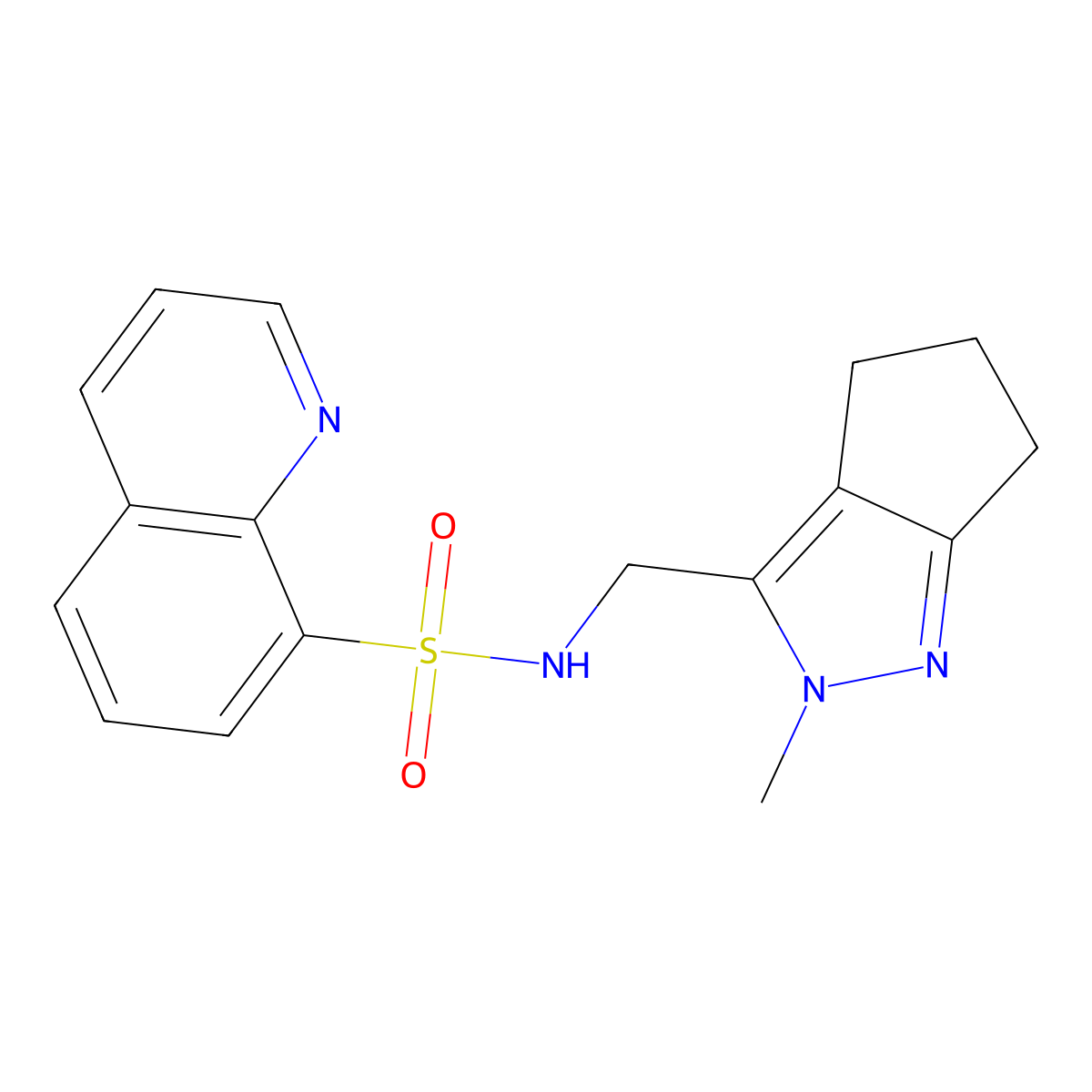 N-((2-methyl-2,4,5,6-tetrahydrocyclopenta[c]pyrazol-3-yl)methyl)quinoline-8-sulfonamide molecular structure, CAS 2034603-30-8