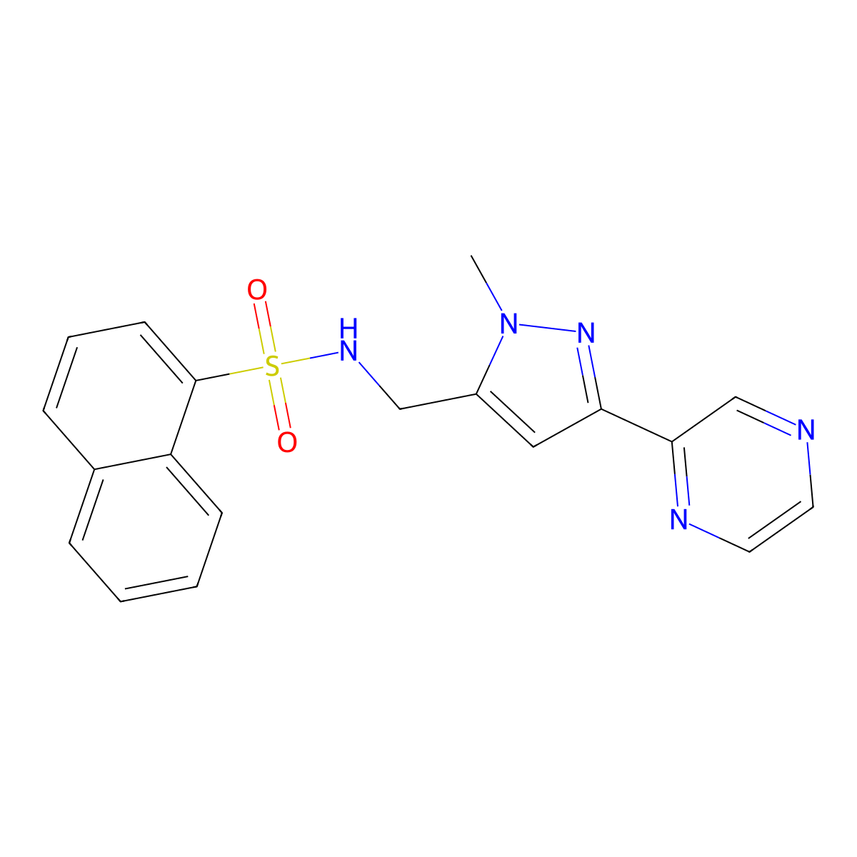 N-((1-methyl-3-(pyrazin-2-yl)-1H-pyrazol-5-yl)methyl)naphthalene-1-sulfonamide molecular structure, CAS 2034603-36-4