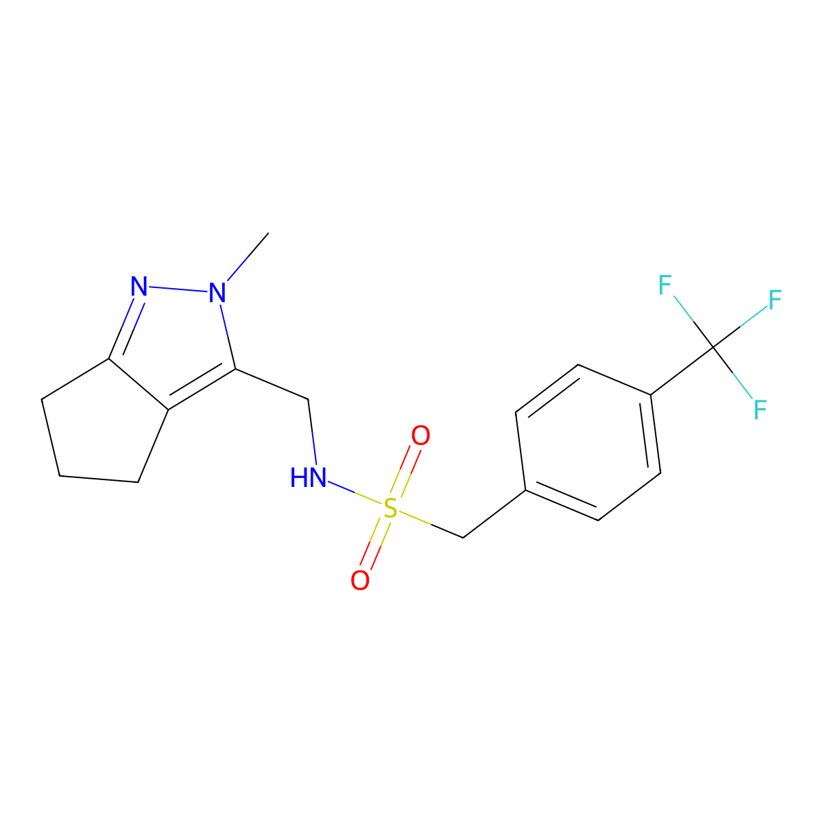 N-((2-methyl-2,4,5,6-tetrahydrocyclopenta[c]pyrazol-3-yl)methyl)-1-(4-(trifluoromethyl)phenyl)methanesulfonamide molecular structure, CAS 2034603-44-4