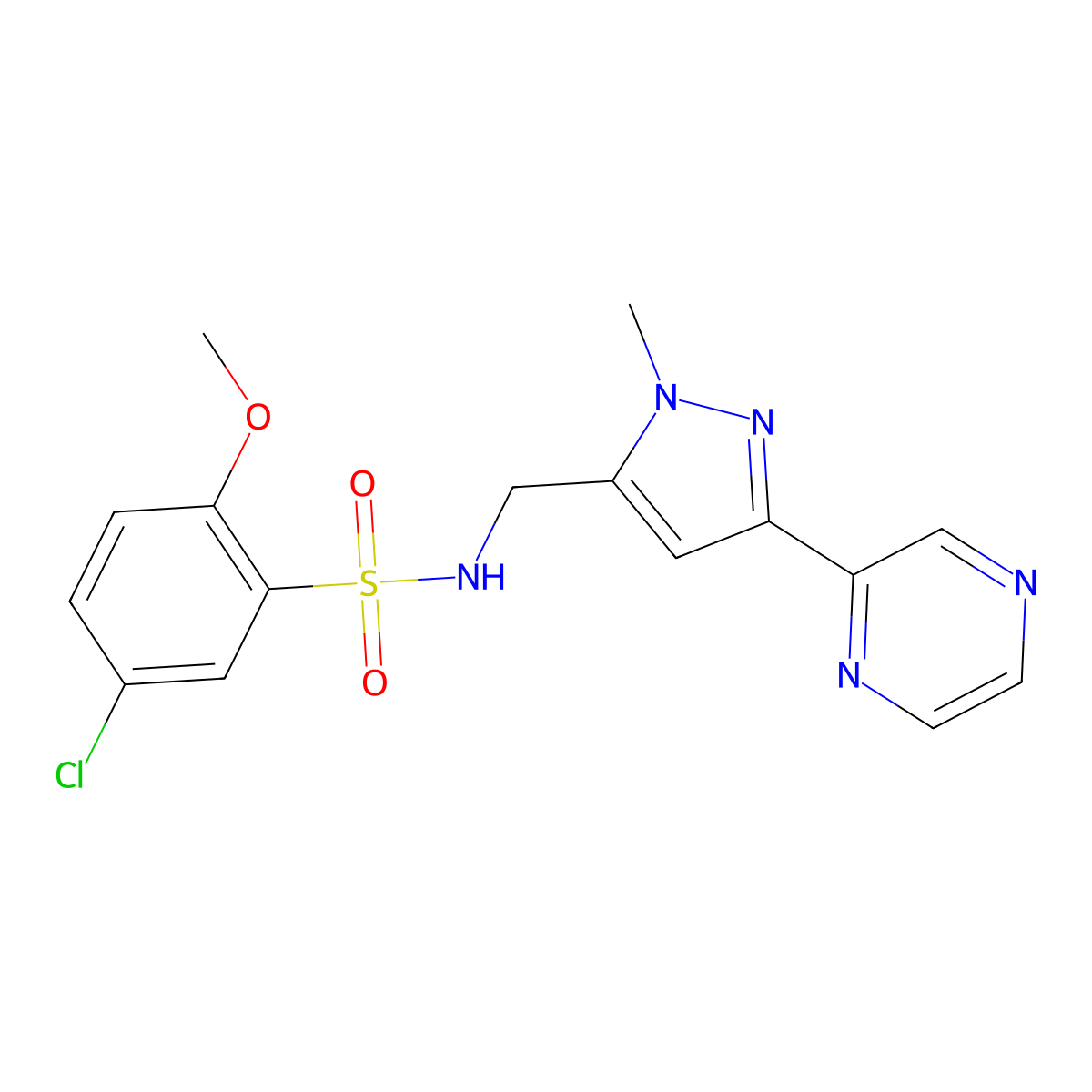 5-chloro-2-methoxy-N-((1-methyl-3-(pyrazin-2-yl)-1H-pyrazol-5-yl)methyl)benzenesulfonamide molecular structure, CAS 2034603-47-7