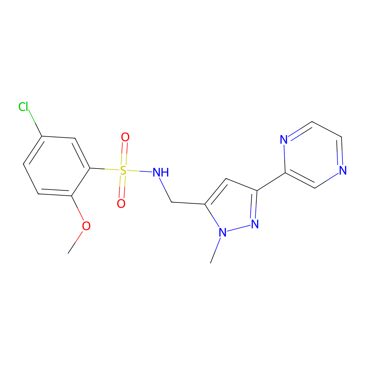 5-chloro-2-methoxy-N-((1-methyl-3-(pyrazin-2-yl)-1H-pyrazol-5-yl)methyl)benzenesulfonamide molecular structure, CAS 2034603-47-7