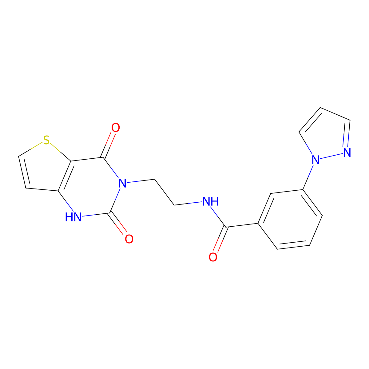 N-(2-(2,4-dioxo-1,2-dihydrothieno[3,2-d]pyrimidin-3(4H)-yl)ethyl)-3-(1H-pyrazol-1-yl)benzamide molecular structure, CAS 2034603-55-7