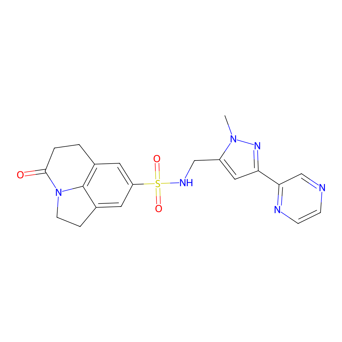 N-{[1-methyl-3-(pyrazin-2-yl)-1H-pyrazol-5-yl]methyl}-11-oxo-1-azatricyclo[6.3.1.0^{4,12}]dodeca-4(12),5,7-triene-6-sulfonamide molecular structure, CAS 2034603-56-8