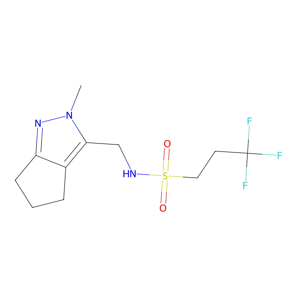 3,3,3-trifluoro-N-((2-methyl-2,4,5,6-tetrahydrocyclopenta[c]pyrazol-3-yl)methyl)propane-1-sulfonamide molecular structure, CAS 2034603-58-0