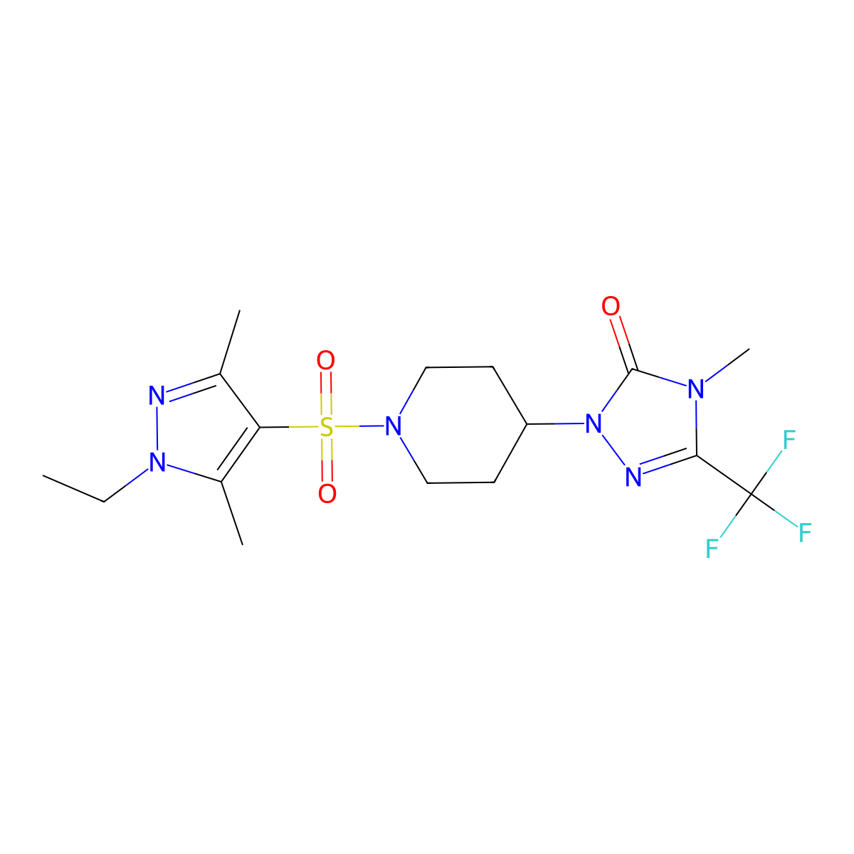 1-(1-((1-ethyl-3,5-dimethyl-1H-pyrazol-4-yl)sulfonyl)piperidin-4-yl)-4-methyl-3-(trifluoromethyl)-1H-1,2,4-triazol-5(4H)-one molecular structure, CAS 2034603-69-3